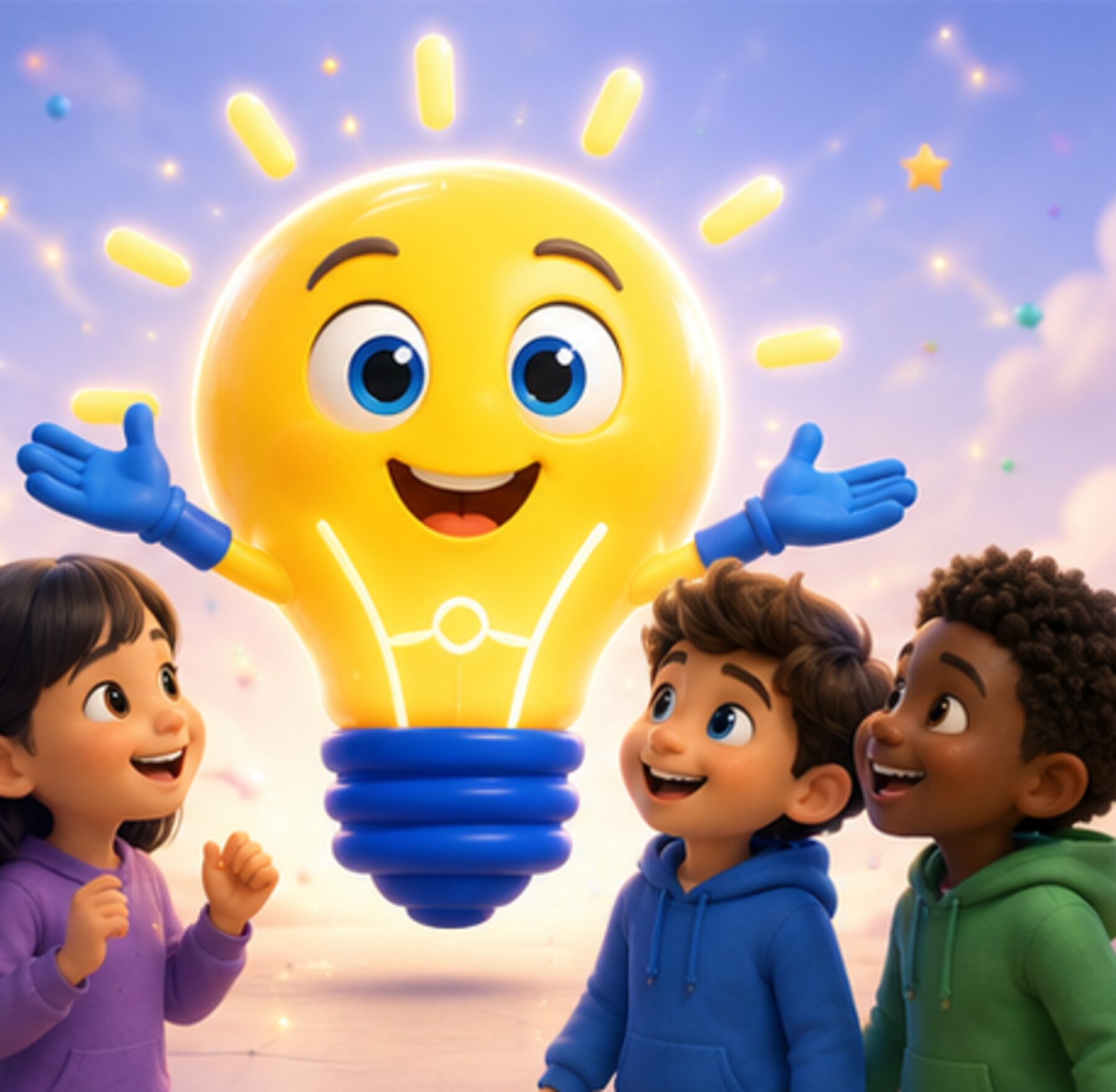 The Light Learning bulb, smiling, with three children looking up at it.