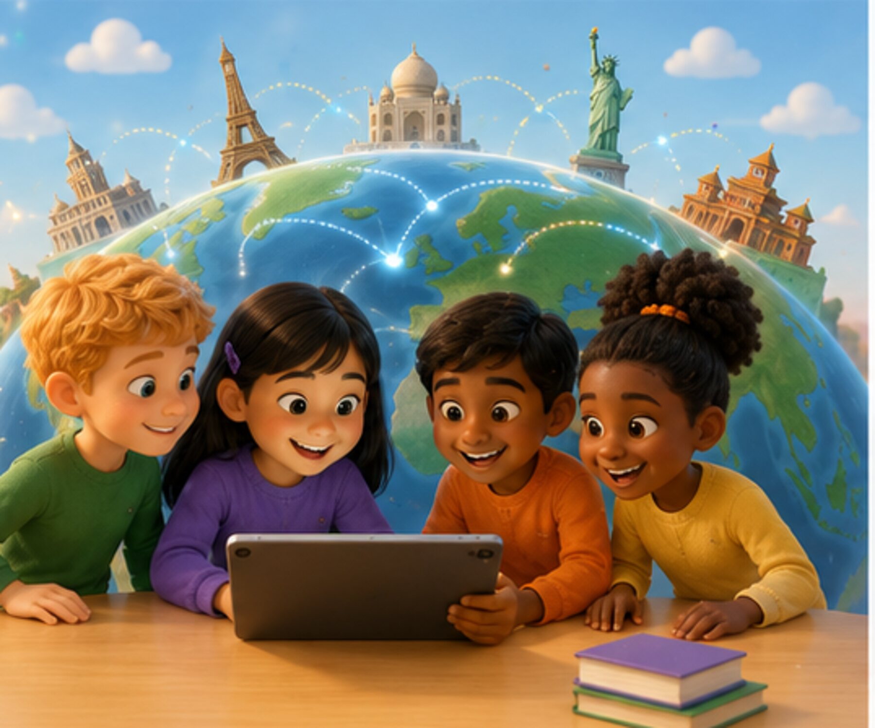 Children from several countries around a globe.