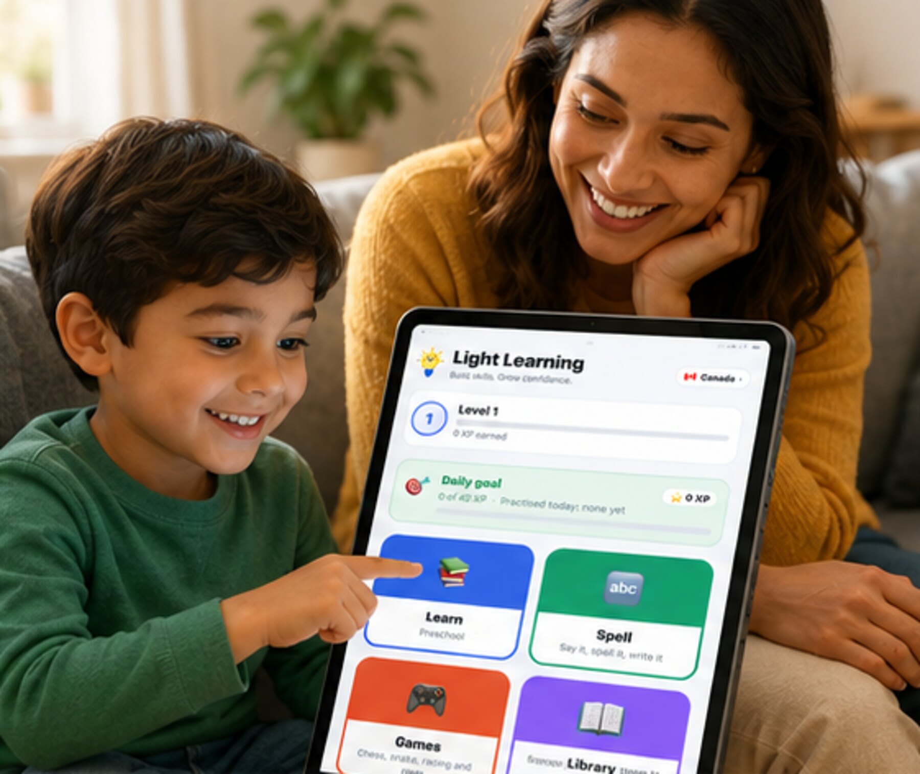 A boy pointing at the Light Learning home screen on a tablet while his mother watches.