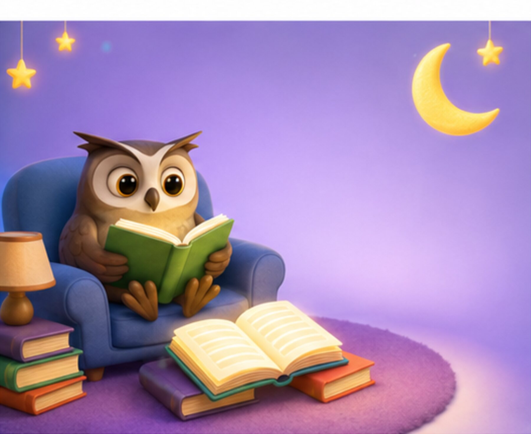 An owl reading a book by lamplight under a crescent moon.