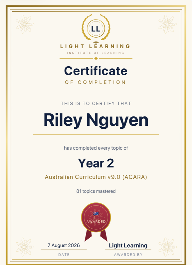A Light Learning certificate for Year 2, Australia, ACARA.