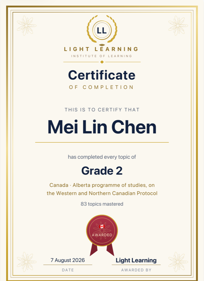 A Light Learning certificate for Grade 2, Canada, Alberta programme of studies.