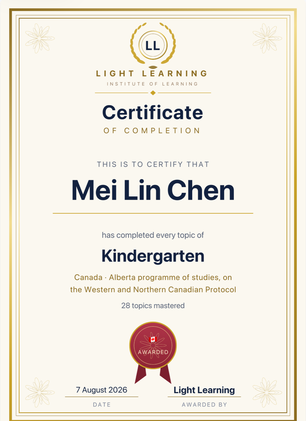 A finished certificate naming the child, the grade, the curriculum and the number of topics mastered.