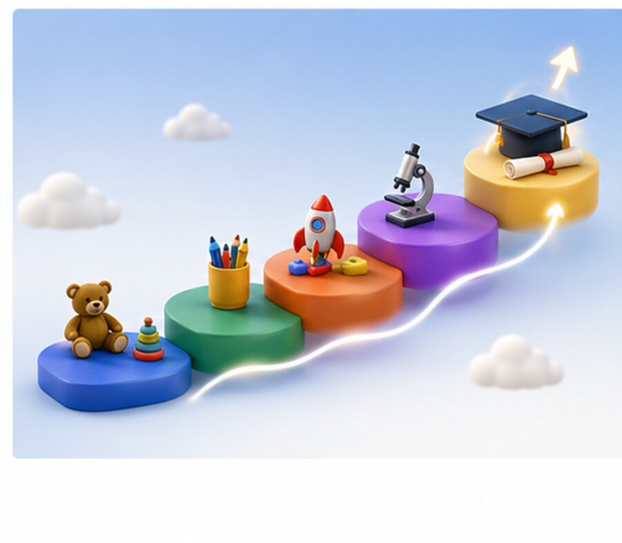 Steps rising from toys to a microscope to a graduation cap.