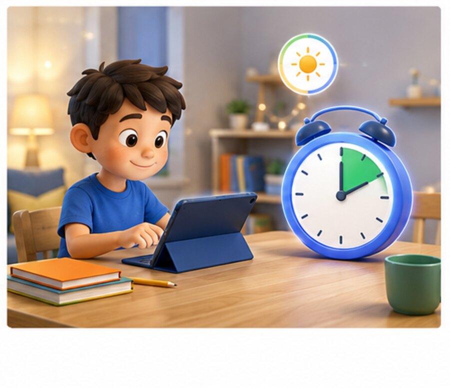 A child working at a tablet beside a large clock.