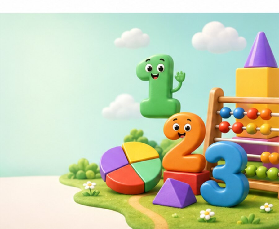 Number characters, an abacus and coloured shapes on a green hill.