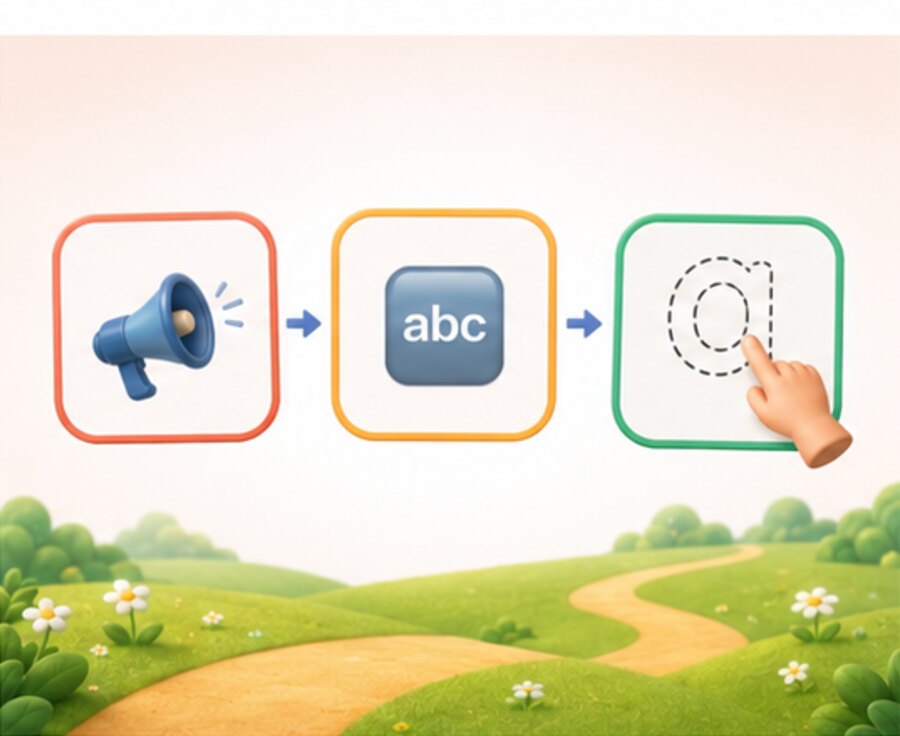 A speaker, then a spelling tile, then a finger tracing a letter.