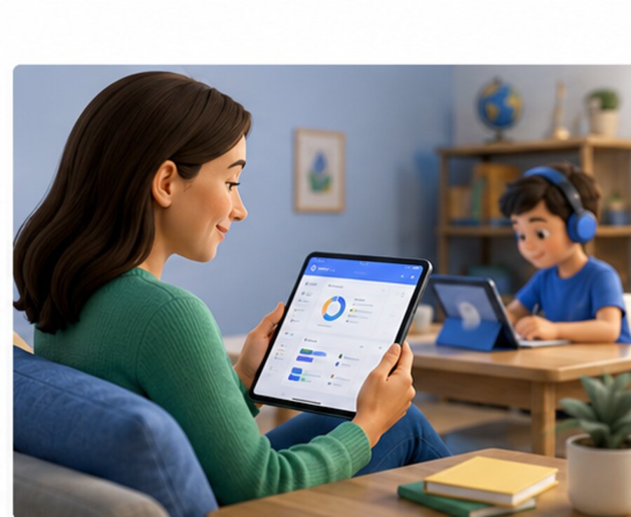 A parent reading a report on a tablet while a child works nearby.
