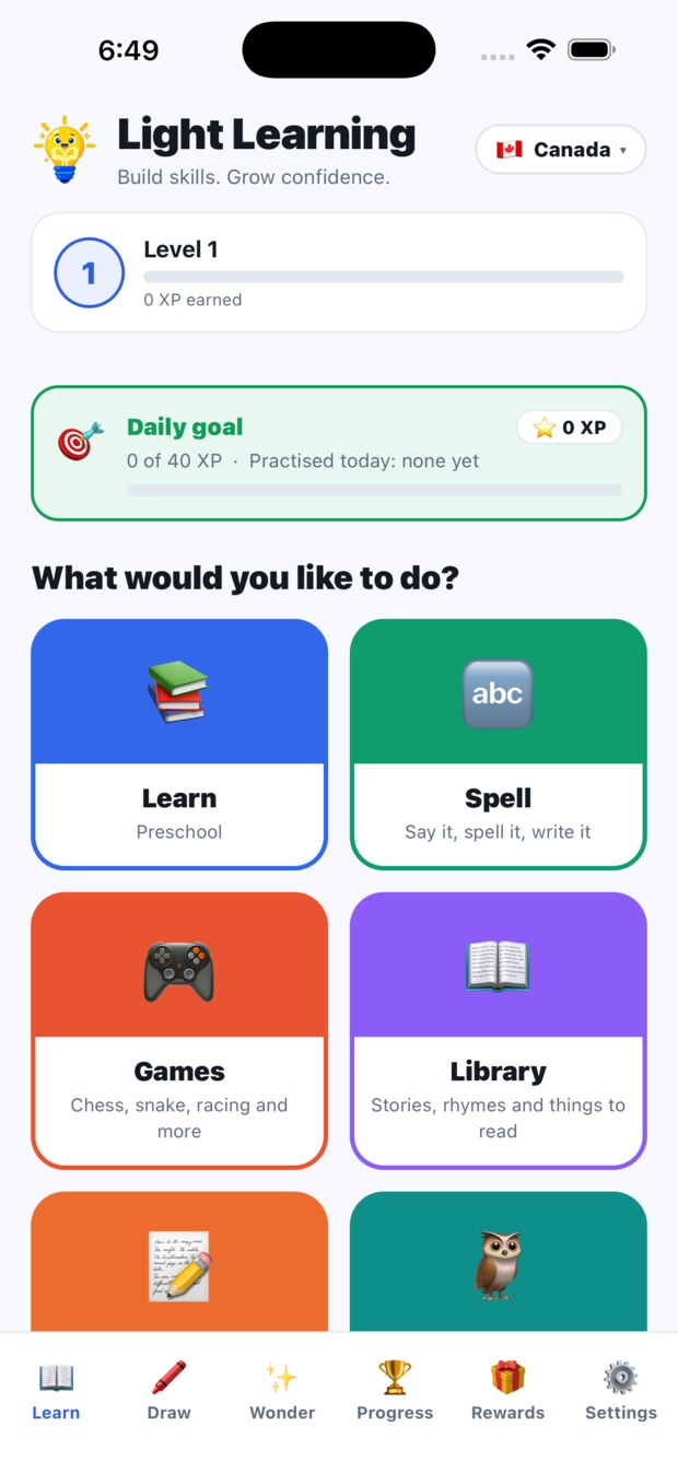 The Light Learning home screen, with six large coloured buttons.
