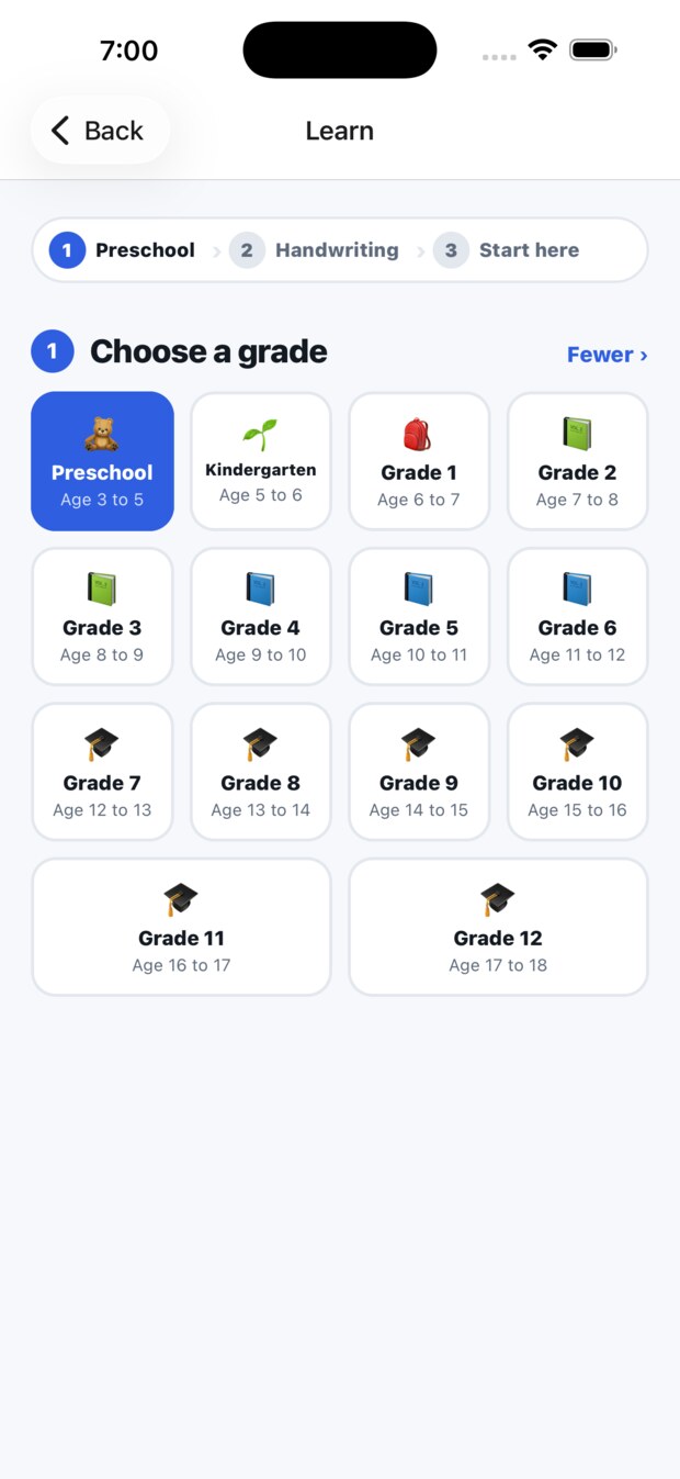 Choosing a grade, from Preschool to Grade 12, each with its typical ages.